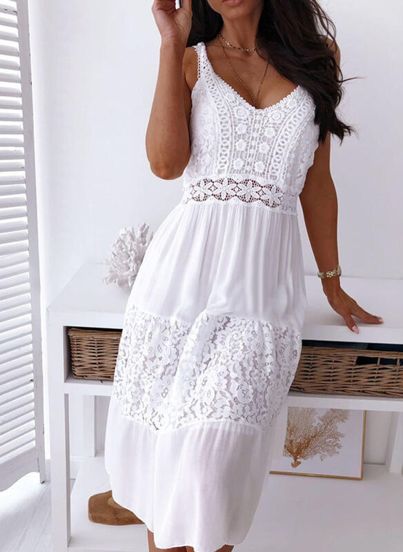 Women's Lace Dress Sexy V Neck Lace Sleeveless Solid Color Midi Dress Home display picture 2