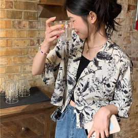 水墨彩画短袖衬衫女法式复古别致设计感polo衫夏新款叠穿上衣外套