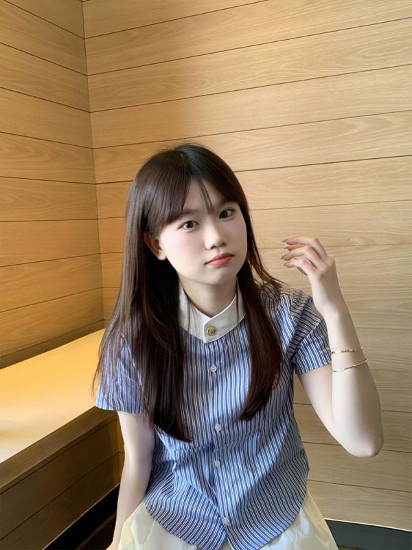 韩系学院风刺绣蓝色条纹短袖衬衫女夏季百搭显瘦小众设计衬衣上衣|undefined
