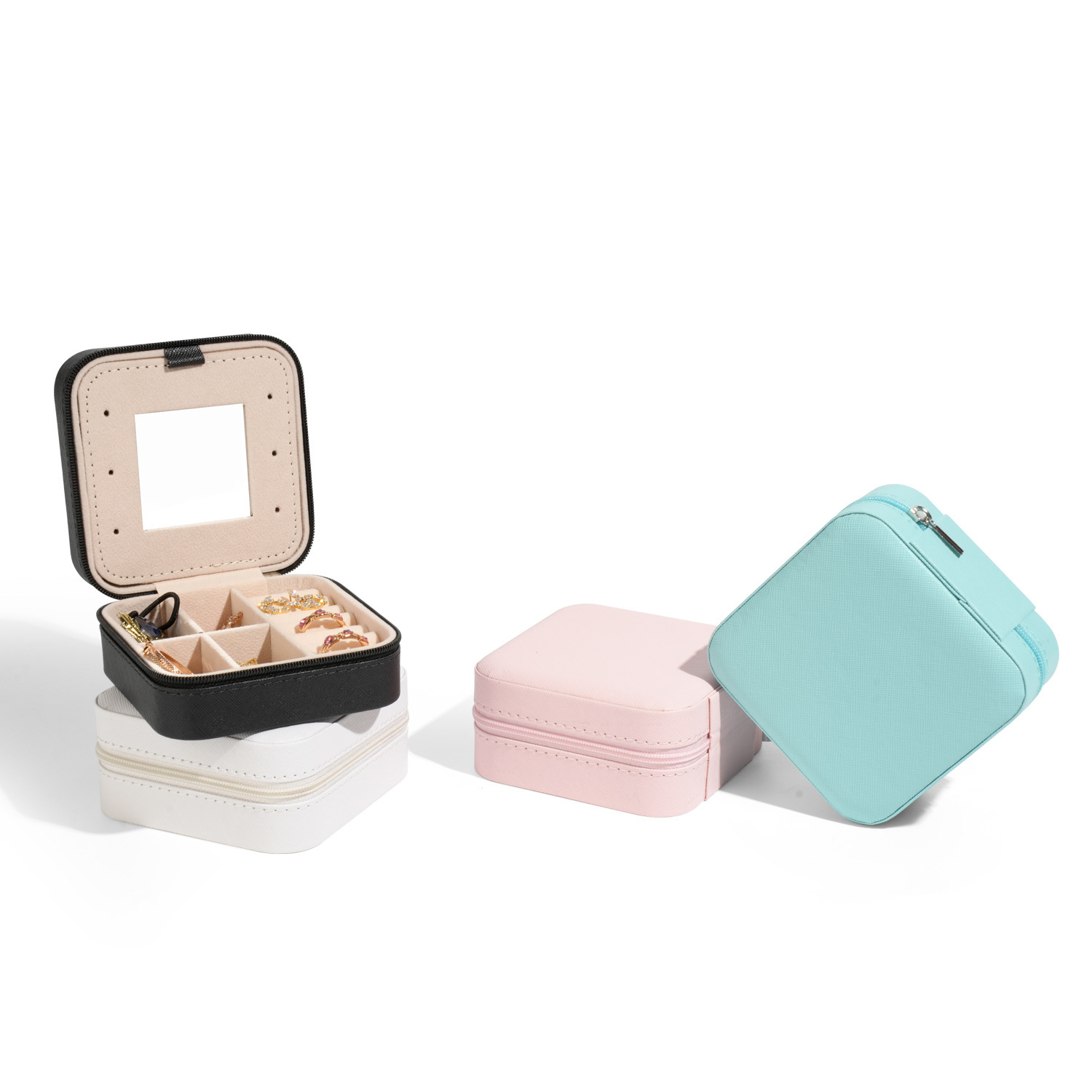 Mini joyero sencillo transfronterizo, caja de almacenamiento con espejo, caja de almacenamiento de joyería portátil, collar, anillo, bolsa suave