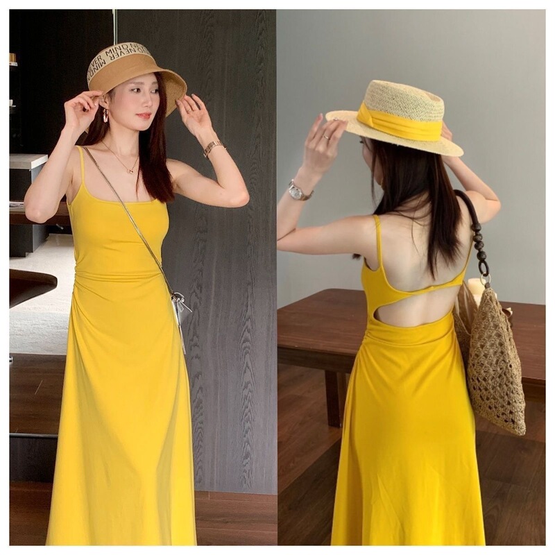 Purely Sexy Summer Spaghetti Strap Dress with Breast Pads for Hot Girls, Backless, Waist-Cinching, Slimming, Elegant and High-End Long Dress