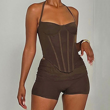 亚马逊女装仿鱼骨塑腰系带挂脖胸衣吊带+翻腰短裤套装性感两件套