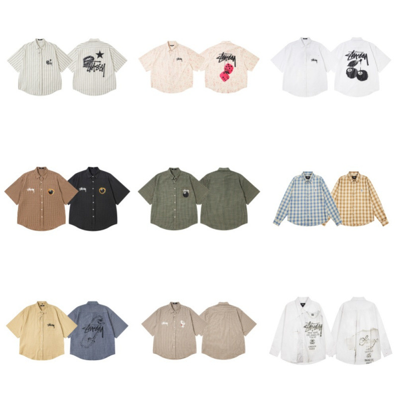 Cross-Border 25 Spring and Autum New Fashion Brand Stu Classic Stripesd Printed Lapel Casual Men's and Women's Short-Sleeved Shirts