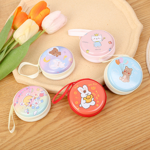Creative round tinplate coin purse mini cartoon zipper data cable storage bag headphone keychain small wallet