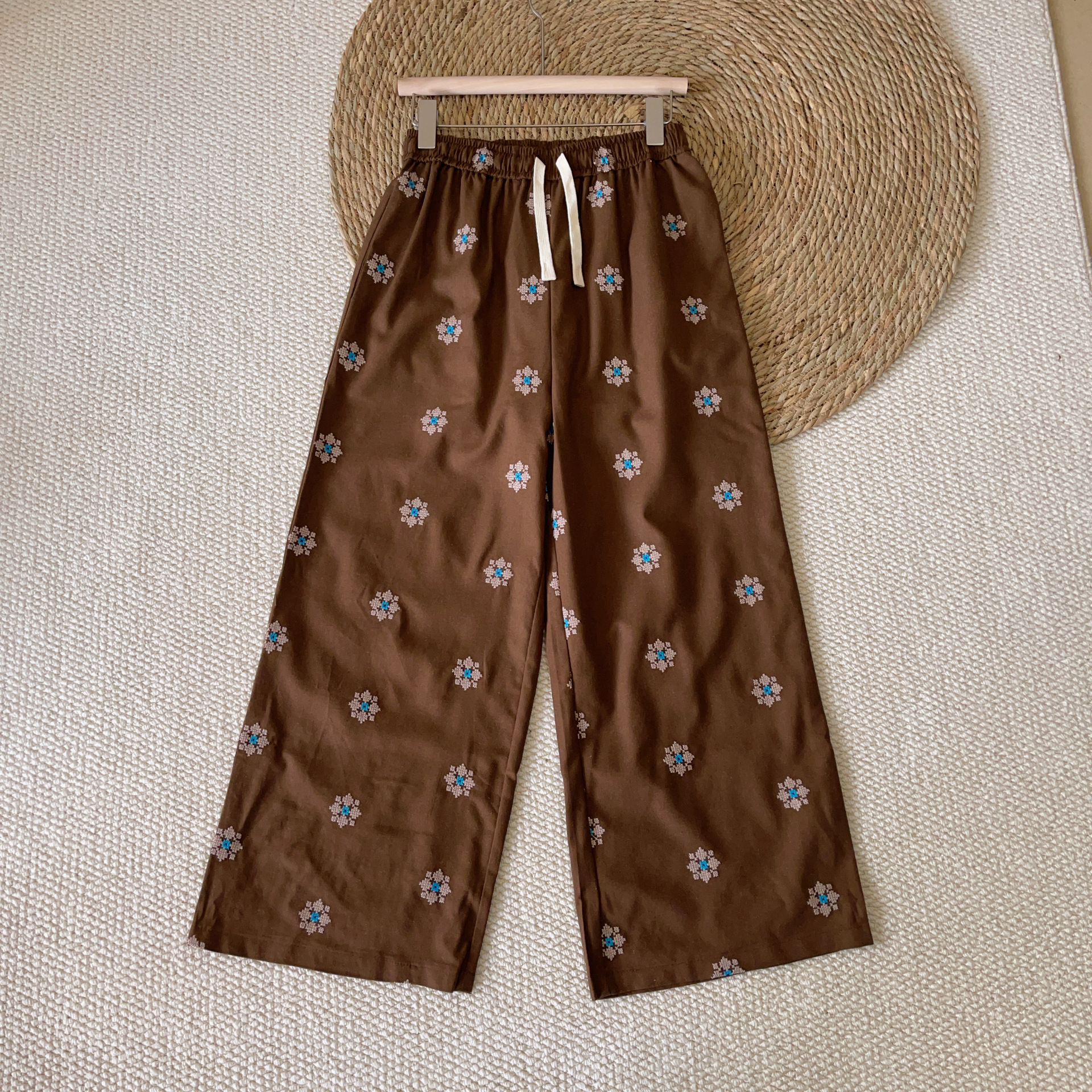 Women's brown Embroidered Cotton and Linen Walking Pants for Summer New Japanese Style Retro Super Heavy Industry Slim-Fit Cool Trousers