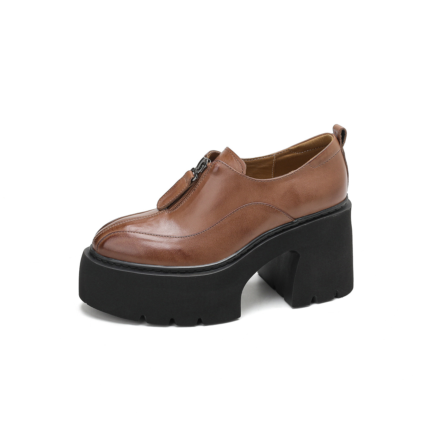 Giày loafer nữ đế xuồng da thật gót vuông phong cách Anh quốc — màu nâu