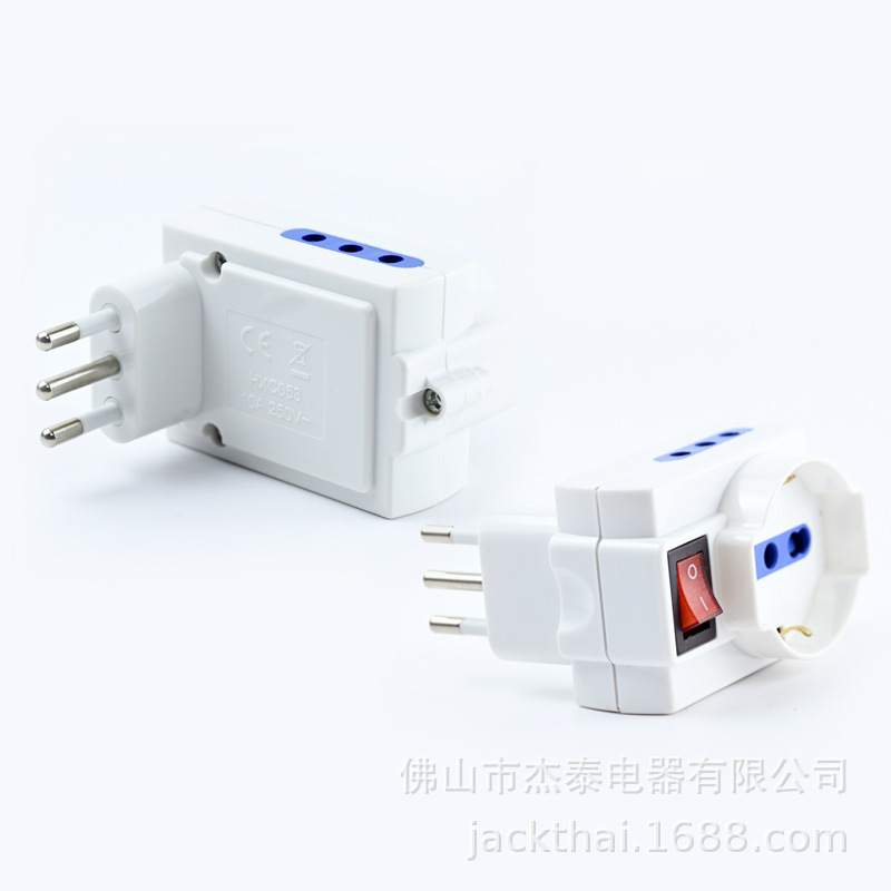 Italian conversion plug with power switch, European plug to Italian plug, French standard to Italian standard, 10A