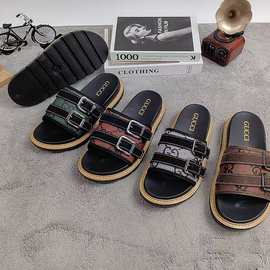 欧美外贸男士搭扣平底一字拖鞋跨境露趾复古风沙滩凉拖鞋贸易