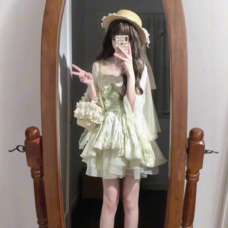 Forest Fairy Green Smudged Floral Suspender Dress with Sun-Protective Cardigan, Perfect for Stunning Photoshoots, Princess Outfit Forest Fairy Green Smudged Floral Suspender Dress with Sun-Protective Cardigan, Perfect for Stunning Photoshoots, Princess Outfit