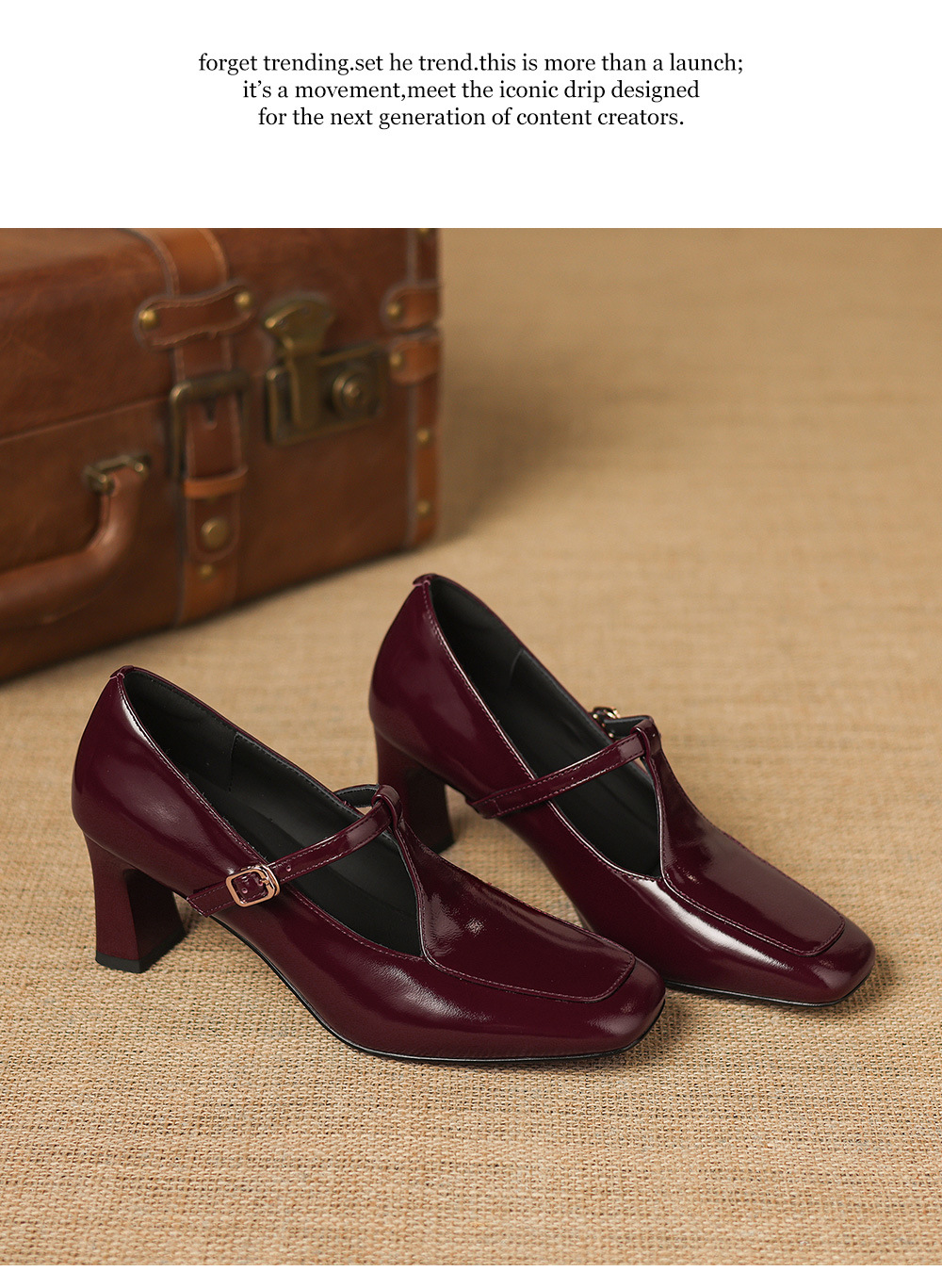 Giày cao gót nữ mũi vuông da cừu quai ngang khóa T phong cách vintage — Rượu vang đỏ chi tiết 21