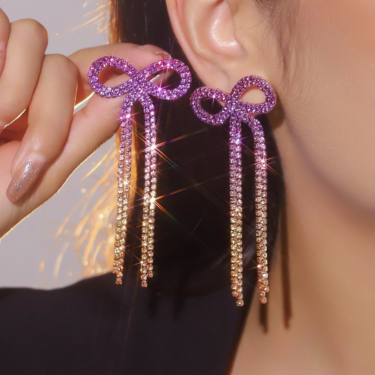 shein爆款蝴蝶结长款流苏耳环女 个性超闪水钻新娘婚礼百搭耳饰品