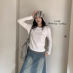 秋季圆领打底衫女显瘦撞色高级感2025韩系修身简约休闲长袖t恤衫
