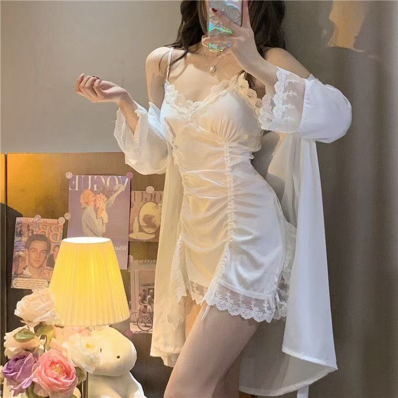 Extra Large Size 150kg Lace Camisole Nightgown for Women, Spring Two-Piece Set, Pure and Sexy Loungewear Set for Petite Women