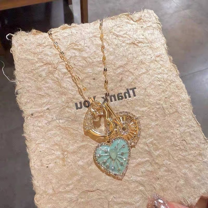 vintager中古叠戴蓝色太阳花爱心项链女款轻奢高级感锁骨颈链吊坠|undefined