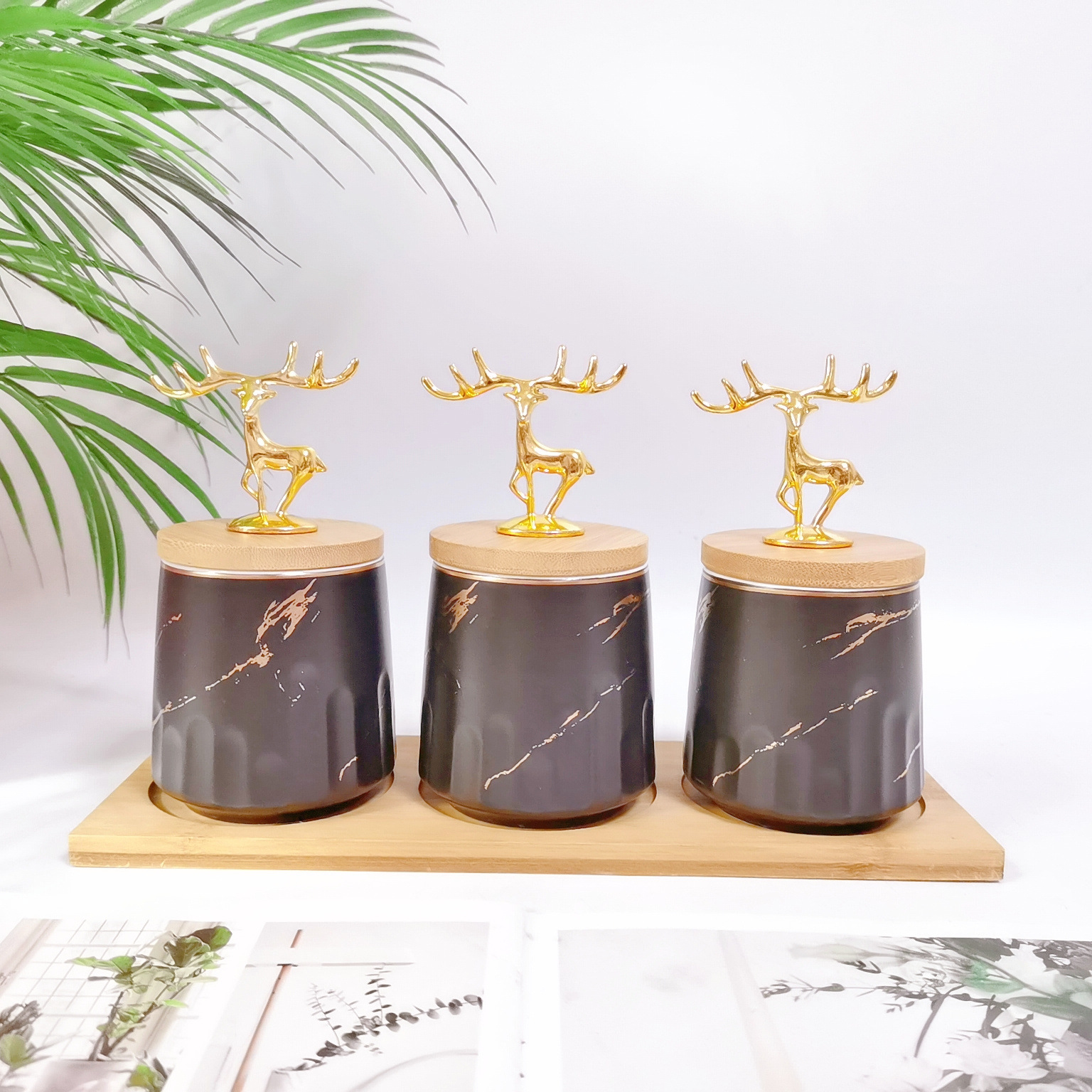 Tarro sellado de cerámica frasco de almacenamiento de exportación transfronteriza tapa de madera Tarro de almacenamiento de té condimento de cocina tarro de café tarro traje