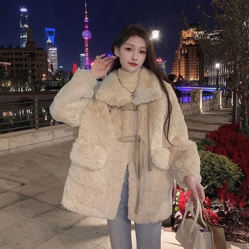2025 New Autumn and Winter Korean Style Loose Lamb Wool Thickeneded One-Piece Imitation Rabbit Fur Short Plush Outwear for Women