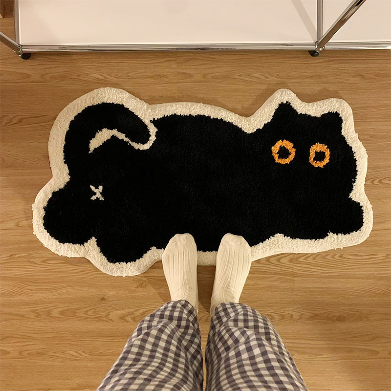 Ins Style Cute Black Cat Imitation Cashmere Floor Mat Bathroom Absorbent Foot Mat Bathroom Door Mat Home Bedroom Bedside Blanket