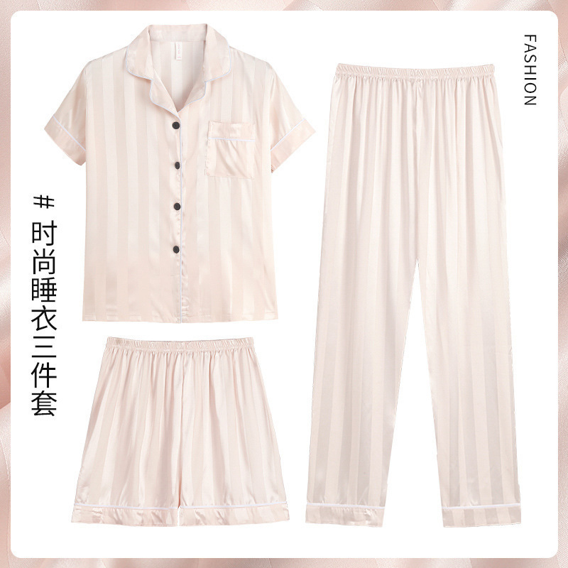 Pijamas de los hombres de verano de seda de hielo de manga corta de tres piezas traje de alta calidad de seda real japonés ins carta simple ropa para el hogar