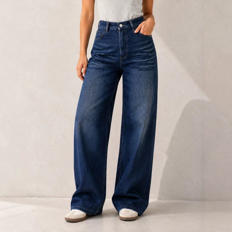 European and American Cross-Border Women's Elastic Whiskers Straight Wide-Leg Jeans Pants Women Jeans