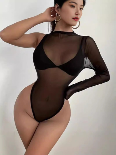 Circular Collar Mesh One-Piece Bodycon, Women's Sexy Off-the-Shoulder Long-Sleeve Sheer Top with Silk-Like Finish