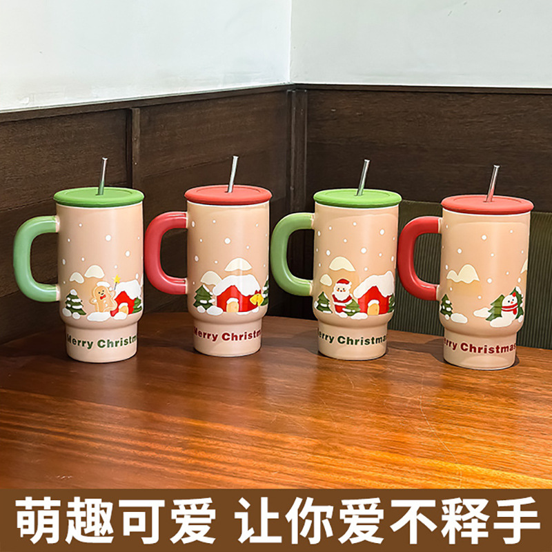 Regalos de Navidad de gran capacidad de tazas de cerámica tazas creativas lindas tazas de paja tazas de pareja regalos de mano para niños image 4
