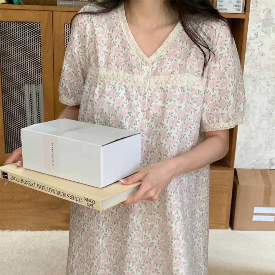 Летние ажурные милые пижамы, мини-юбка, шорты, набор, кружевное платье, V-образный вырез, цветочный принт, с коротким рукавом