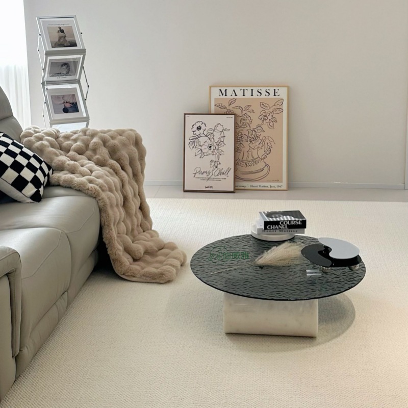 Italian Minimalist Natural Marble Living Room Round Tempered Glass Water Ripple Coffee Table Designer Creative High-End Table