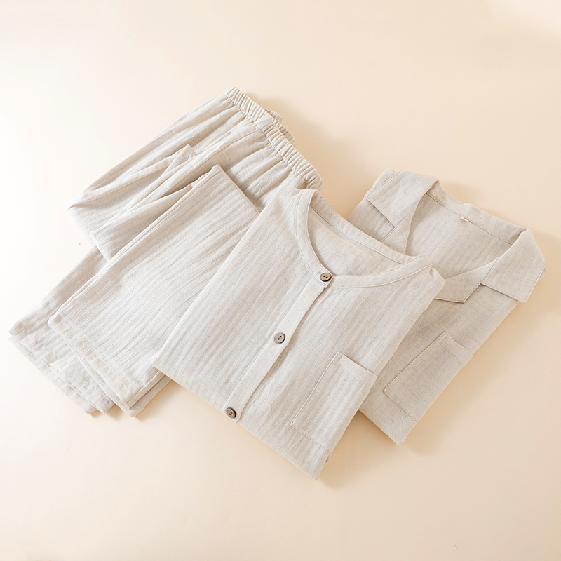 睡衣男士秋季棉麻新款纯色无印风简约居家服长袖长裤宽松家居服厂