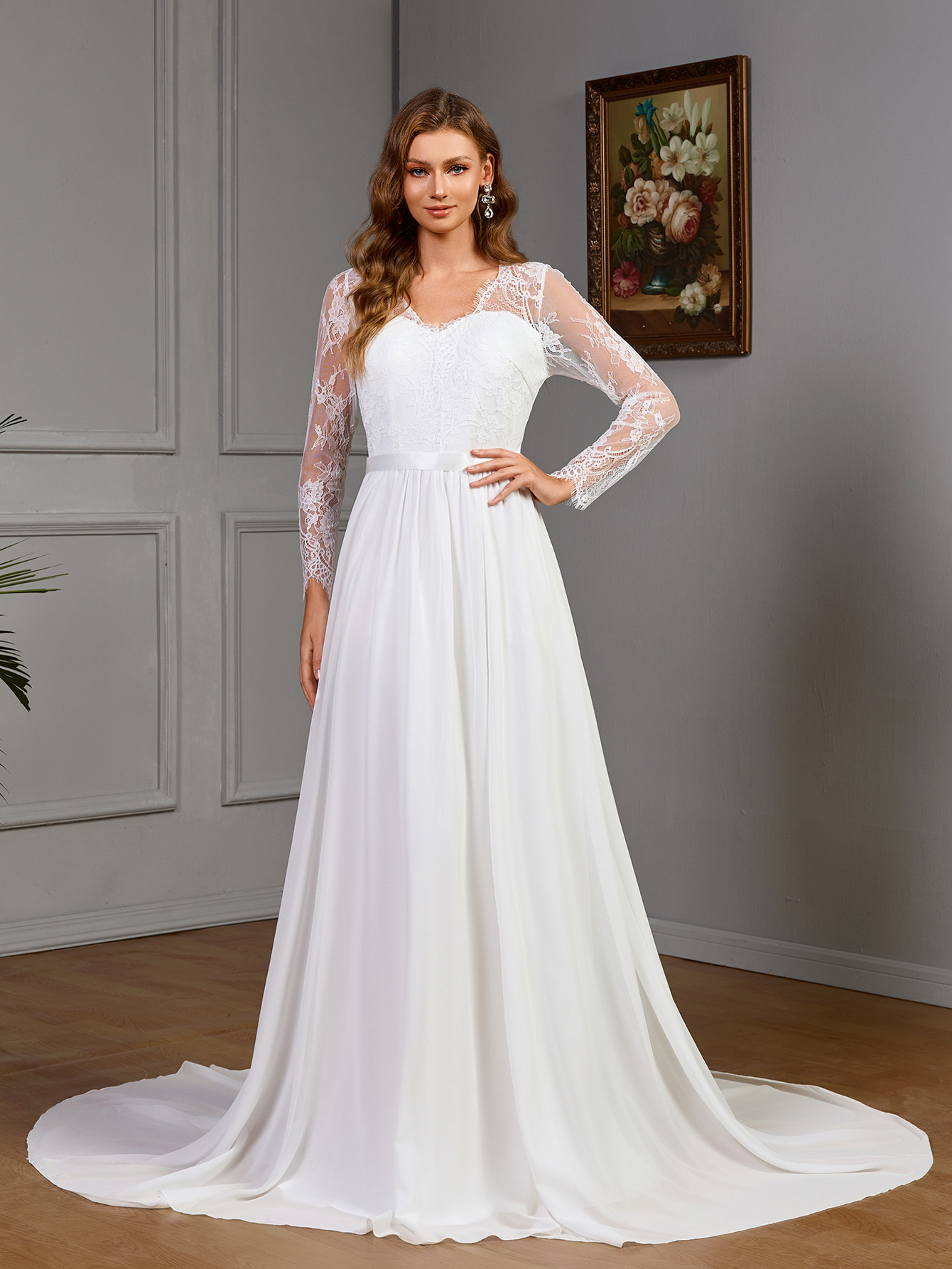 Comercio exterior europeo y americano nueva ropa de mujer Amazon encaje sexy vestido de boda de manga larga con un vestido de pecho de algodón blanco