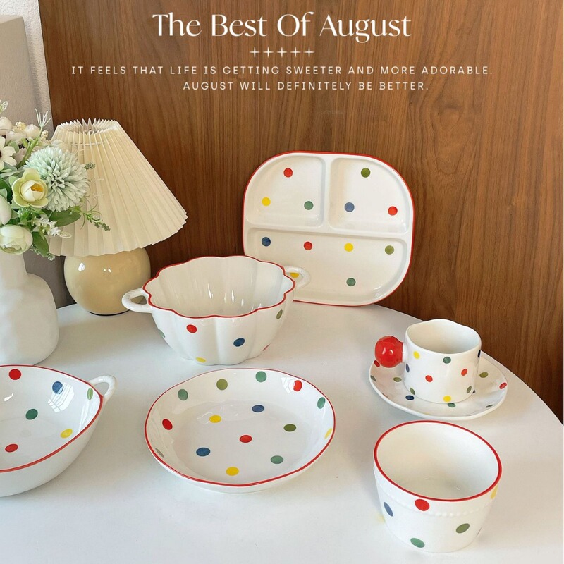 Colorful polka dot ins style ceramic bowl Korean style Bowl plate high color value rice bowl soup bowl ceramic household plate Bowl plate