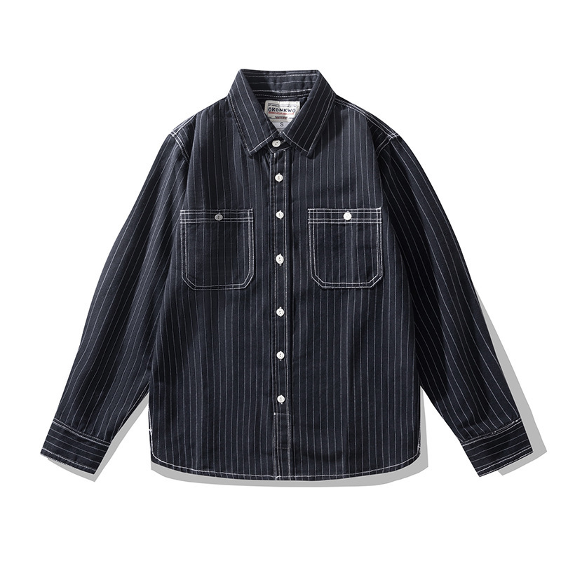 OKONKWO Nuova camicia da lavoro a maniche lunghe da uomo in stile retrò americano a righe verticali_voghion.com
