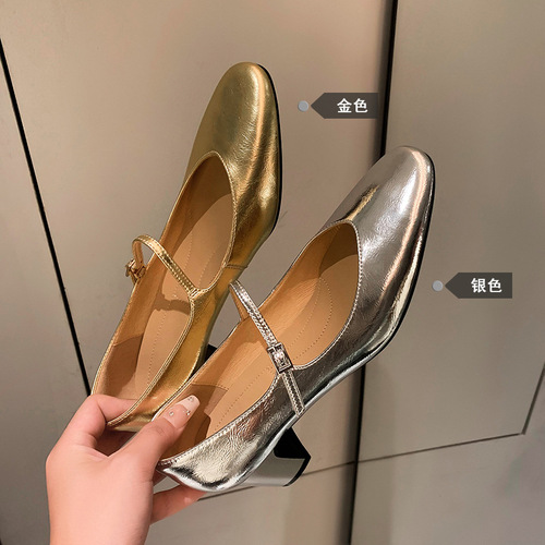 I love it at first glance. Silver thick heel small shoes  new square toe genuine leather inside and outside Mary Jane women's shoes