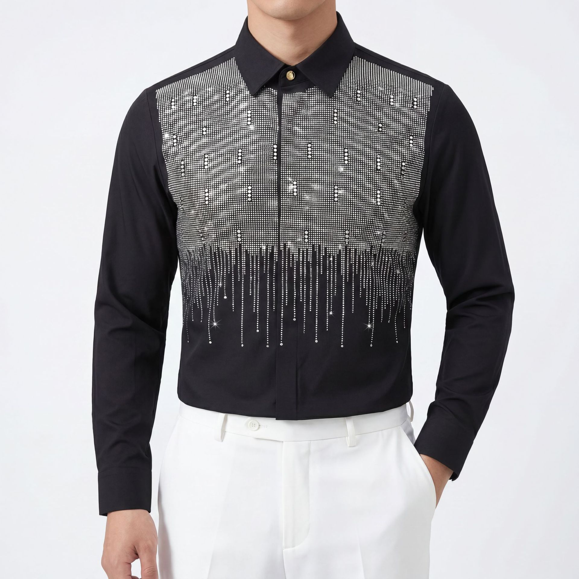 Luxury menswear with high-temperature hot-stamping rhinestone waterfall tassel pattern long-sleeved men's shirts, trendy cross-border source factory