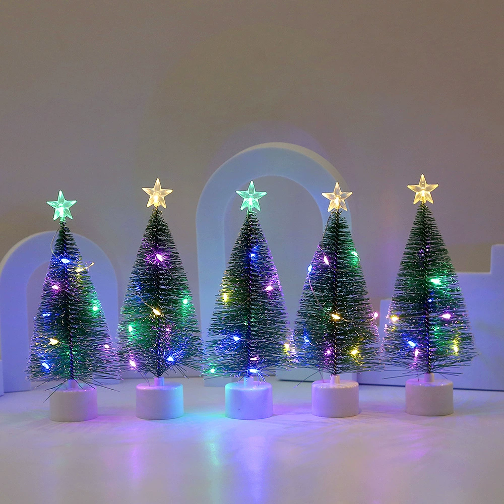 LED pine‑needle Christmas tree, colorful string lights, 8×17 cm, battery‑powered