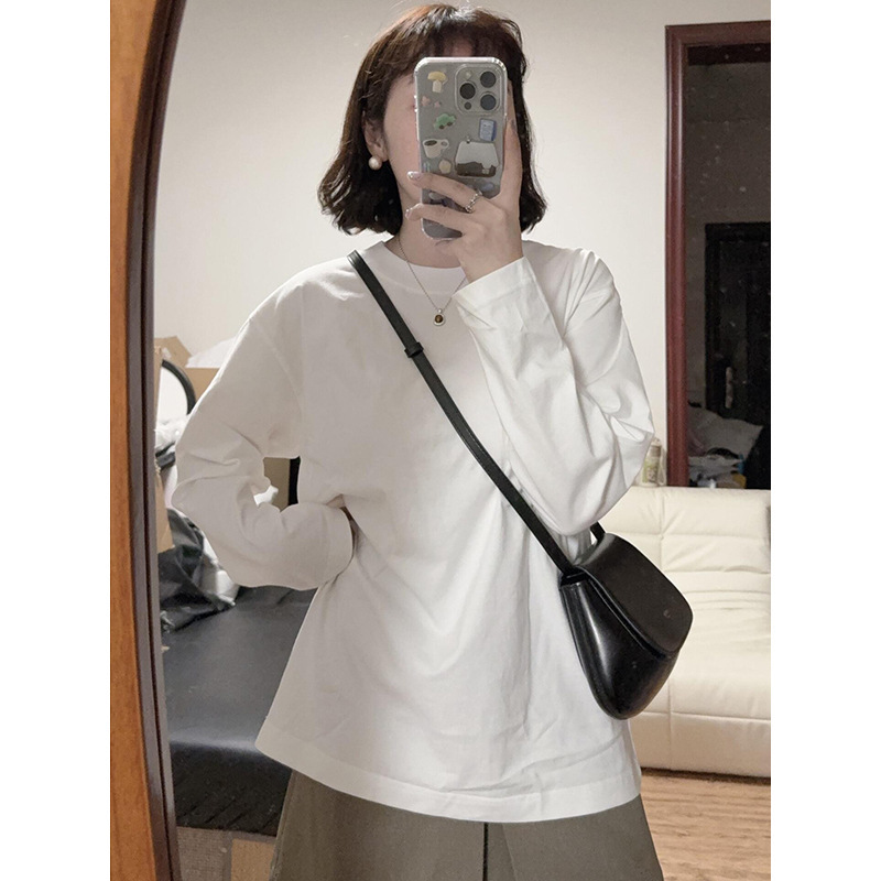 Korean 2026 Spring Pure Cotton Comfortable T-Shirt for Women, Basic Versatile Long-Sleeve Base Shirt, Loose Fit, Regular Shoulder, Round Neck Top