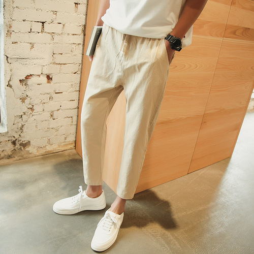 Men's Summer Casual Plain Color 9-inch Straight Leg Sport Pants Loose Thin Cotton Linen Capri Pants