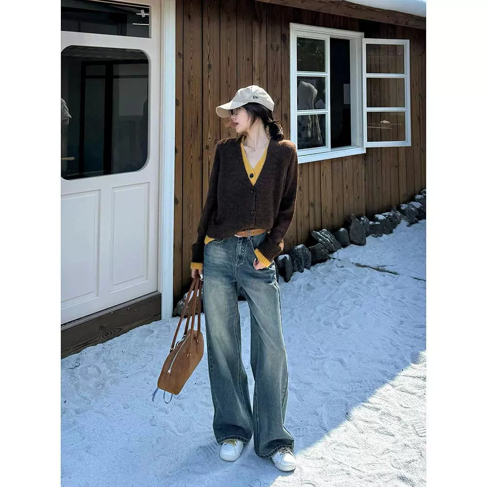 2025冬季咖底宝宝绒保暖水洗阔腿牛仔裤女高腰显瘦王家有鱼同款