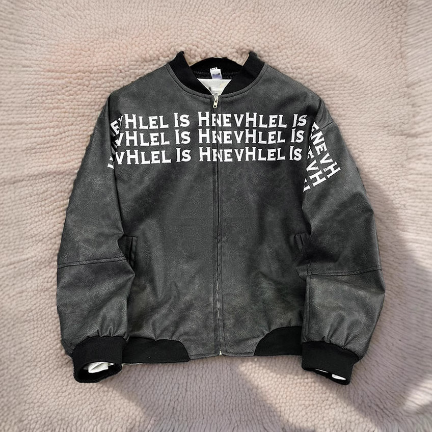 Cuero PU estilo americano de moda de calle alta chaqueta de cuello de béisbol hombre chaqueta con cremallera suelta chaqueta casual