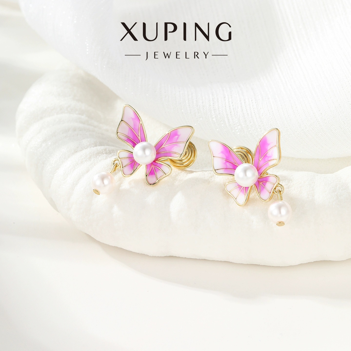 Xuping serie de goteo de aceite de color mariposa de perla lingüizo mosquito bandeja de orejas de color gradiente suave adornos de orejas dulces para mujeres