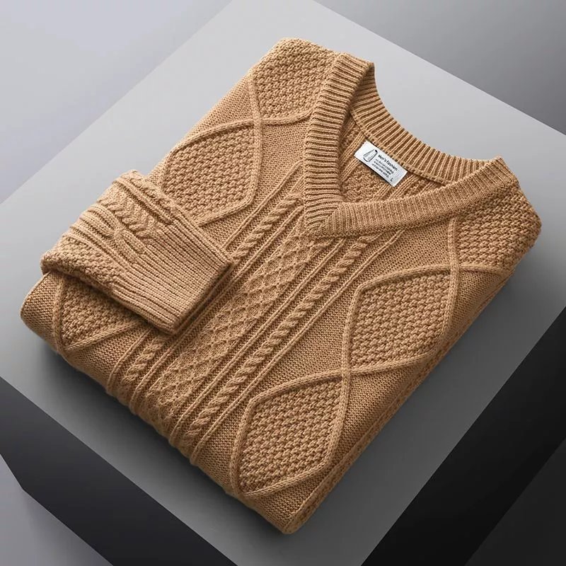 Cross-border winter extra thick wool sweater, extra thick, warm, extra thick, V-neck, solid color, plus size men's sweater, thick knit.