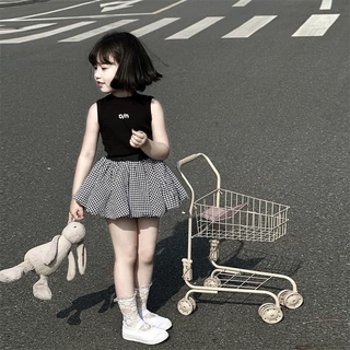 女童2025夏季爆款套装新款女童百搭棉背心格子云朵花苞裤套装