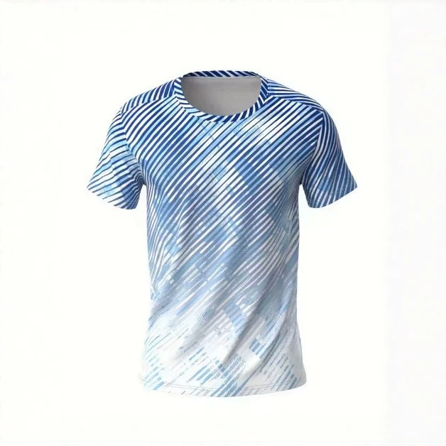 Men's sports raglan short-sleeve T-shirt, high elasticity, quick-dry, blue diagonal gradient stripe print, breathable for training Men's sports raglan short-sleeve T-shirt, high elasticity, quick-dry, blue diagonal gradient stripe print, breathable for training