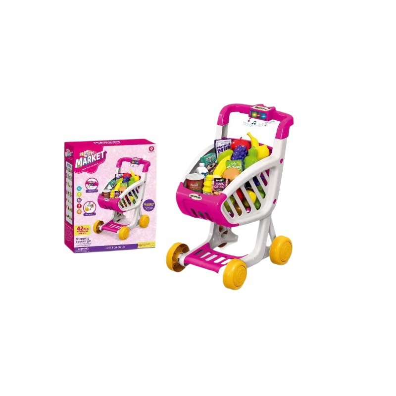 Simulación infantil transfronteriza iluminación de la casa, música, carrito de compras, juegos de supermercado de frutas, carrito de juguetes