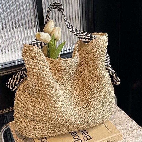 Korean Style Ins Straw Bag 2025 New Hand-Woven Armpit Bag Versatile Navy Blue Bag with Satchel Woven Bag