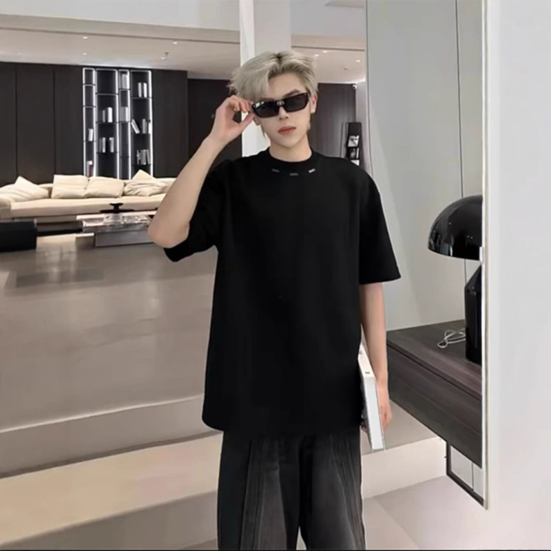 260g Heavy Black Shoulder T-shirt Men's Summer Fashion Brand Design Sense cleanfit Short Sleeve Small Collar Half Sleeve