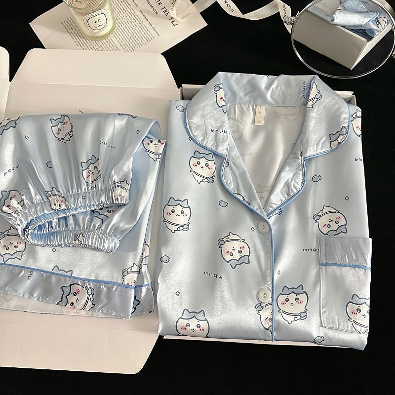Pijamas de alta gama, pantalones cortos de manga corta de seda de simulación de verano para mujer, traje de servicio a domicilio de estudiante de niña dulce y lindo, estilo delgado