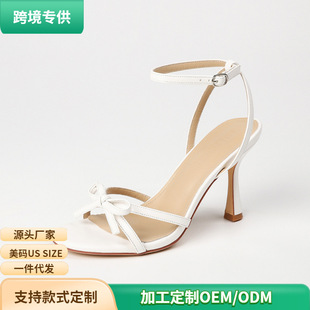 Amazon Cross-Border Exclusive European and American Women's Bow Cross Strap Round Toe Stiletto Sandals Sandals