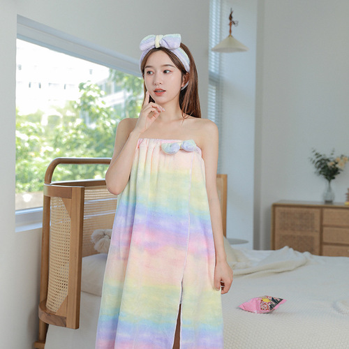 Z bath towel rainbow bath skirt wearable women's coral velvet shower cap bathrobe set home adult bath towel
