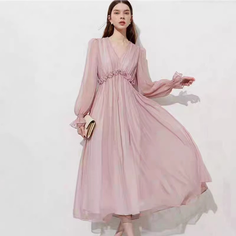 2026 Spring New Style French V Neck Flared Sleeve Pink Dress with Lining, Women's Dress, Long Skirt for Women