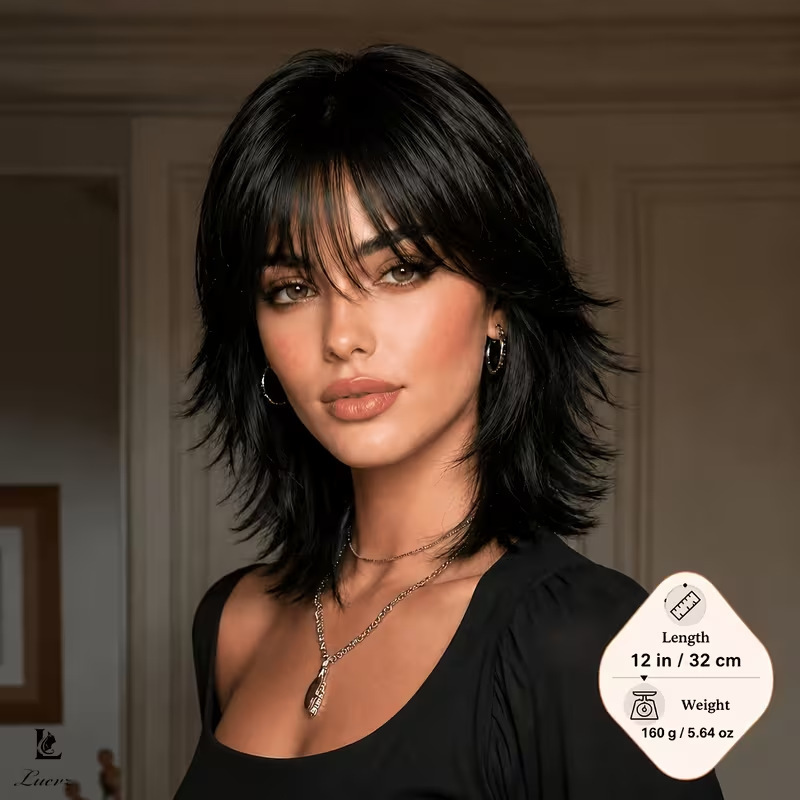 Cross-border jellyfish head wolf tail wig for women, with bangs and upturned layers, naturally fluffy synthetic fiber full wig